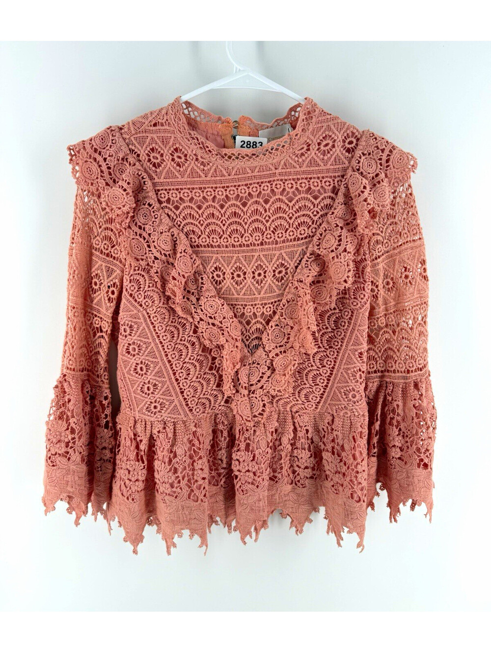 Champagne & Strawberry Pink Lace Ruffle Peplum V-Neck Bell Sleeve Zip Blouse M